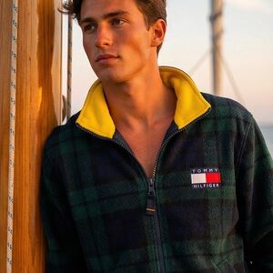 Vintage 90s Tommy Hilfiger Flag Logo Plaid Fleece Jacket Yellow Lined Size M